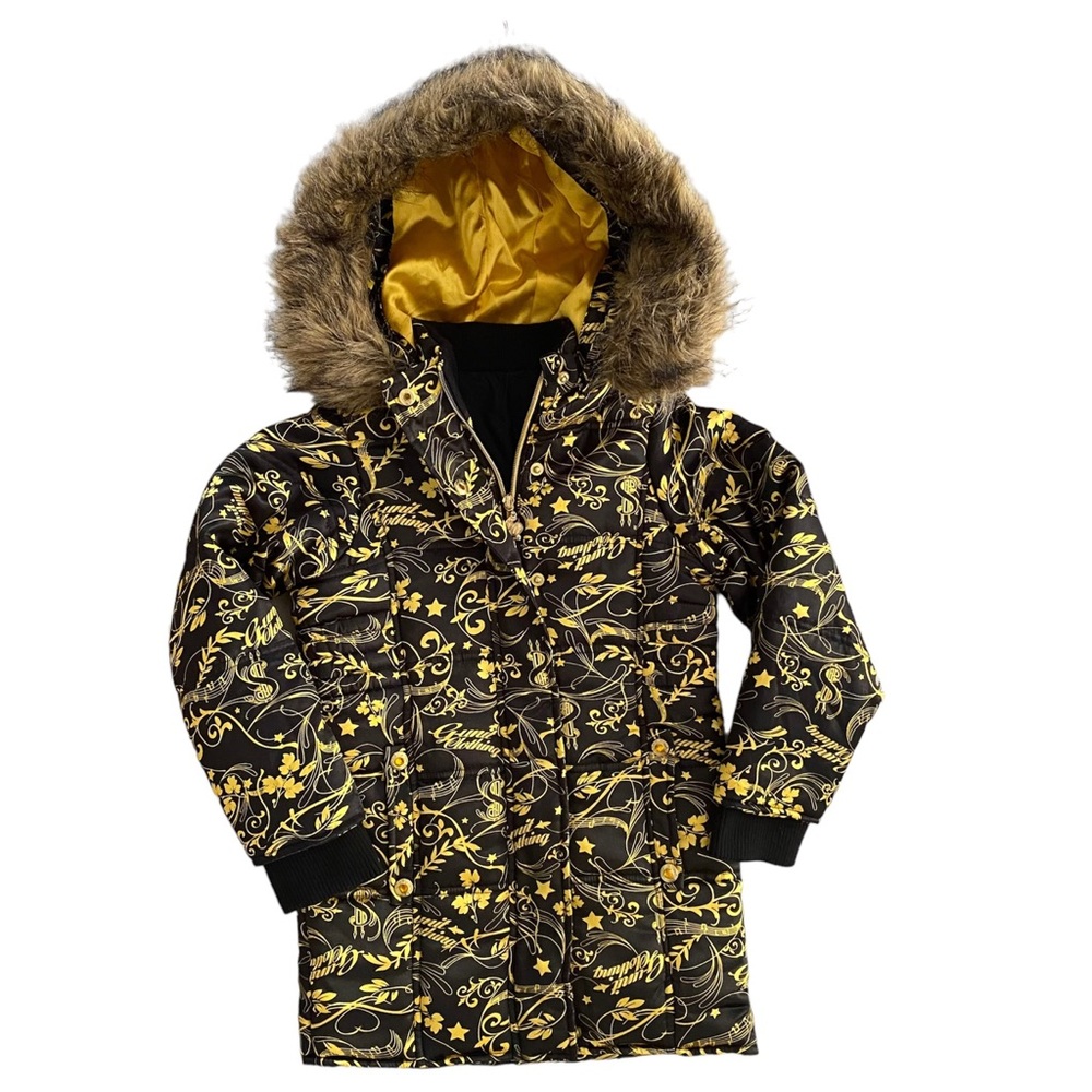 G-Unit Faux Fur Trim Hood Long Sleeves Gold & Black Puffer Jacket Girl’s Size XS